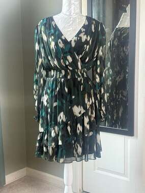 Harper Rose Size 4 Green Chiffon Mini Dress Long Sleeve Ruffle Dark Romantic